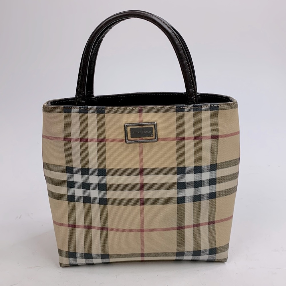BURBERRY Beige Nova Check Small Coated Canvas Tote handbag Lined AUTHENTIC